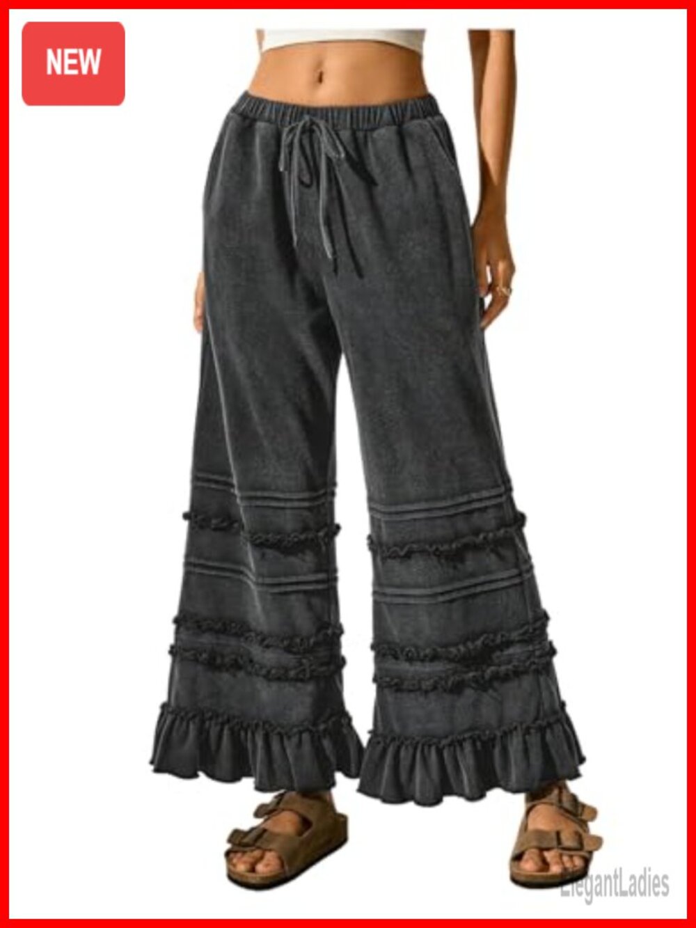 Women's Wide Leg Palazzo Pants Drawstring Elastic Waist Ruffle Hem Loose Fit